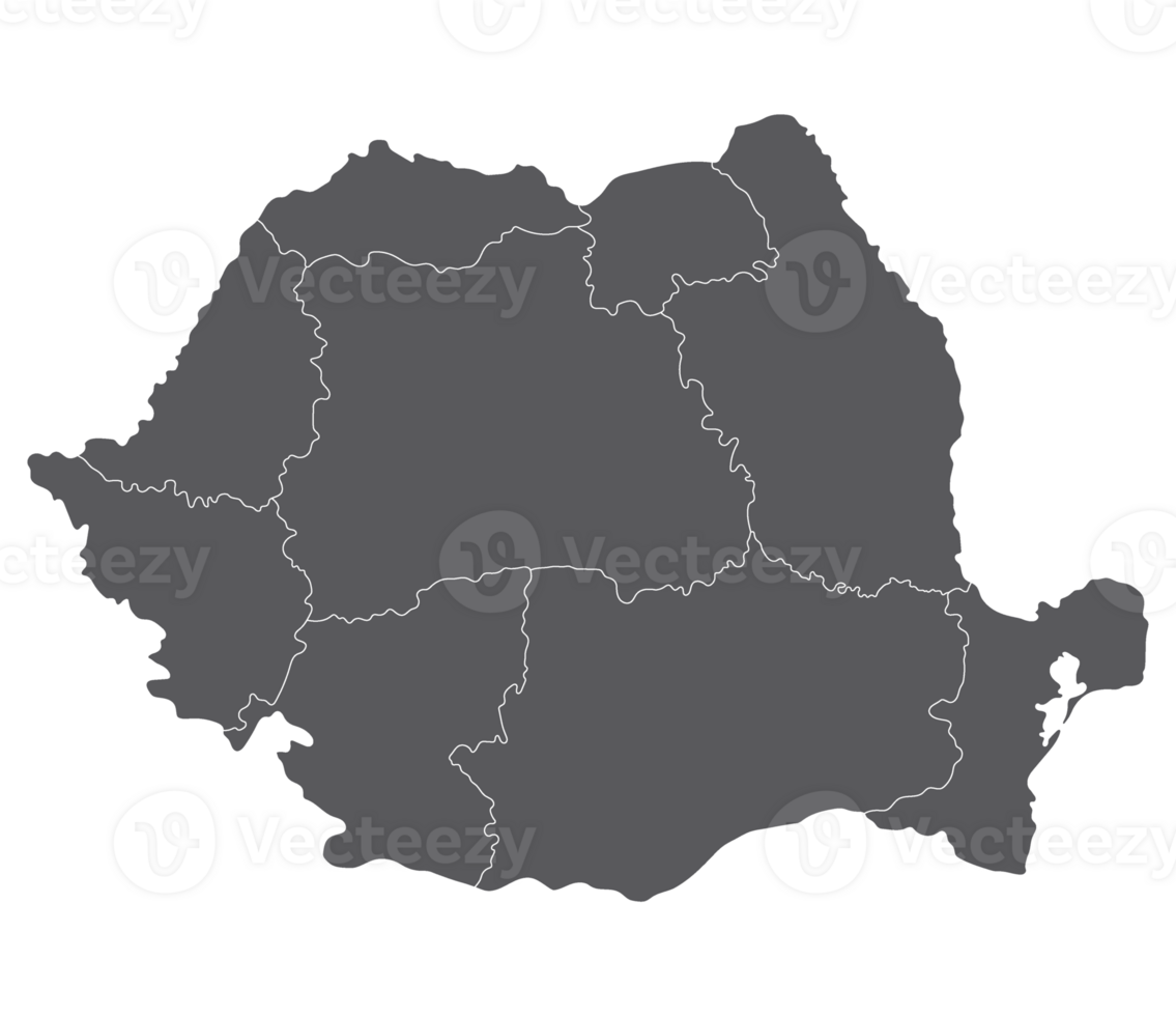 Romania map. Map of Romania in nine mains regions in grey color png