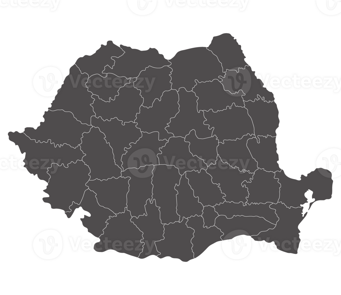 Romania map. Map of Romania in administrative provinces in grey color png