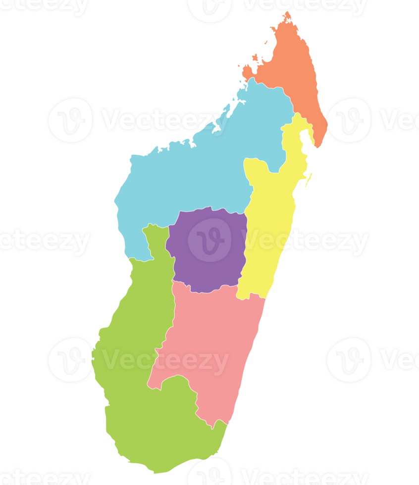 Madagascar map. Map of Madagascar in six mains regions in multicolor png