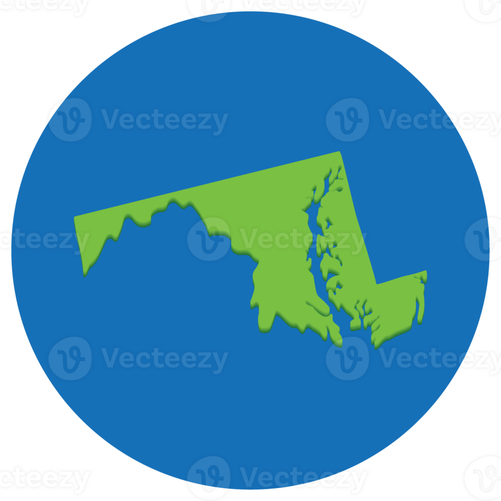 Maryland state map in globe shape green with blue circle color. Map of the U.S. state of Maryland. png