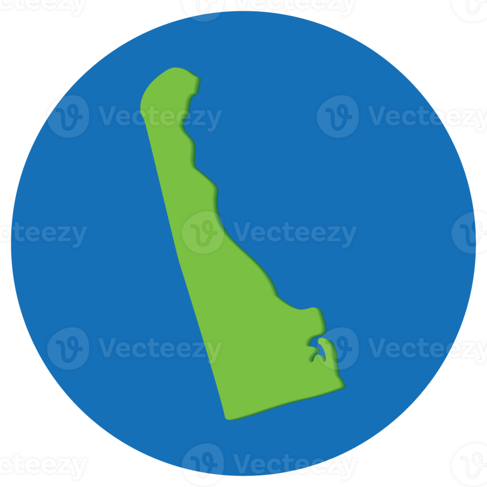 Delaware state map in globe shape green with blue circle color. Map of the U.S. state of Delaware. png