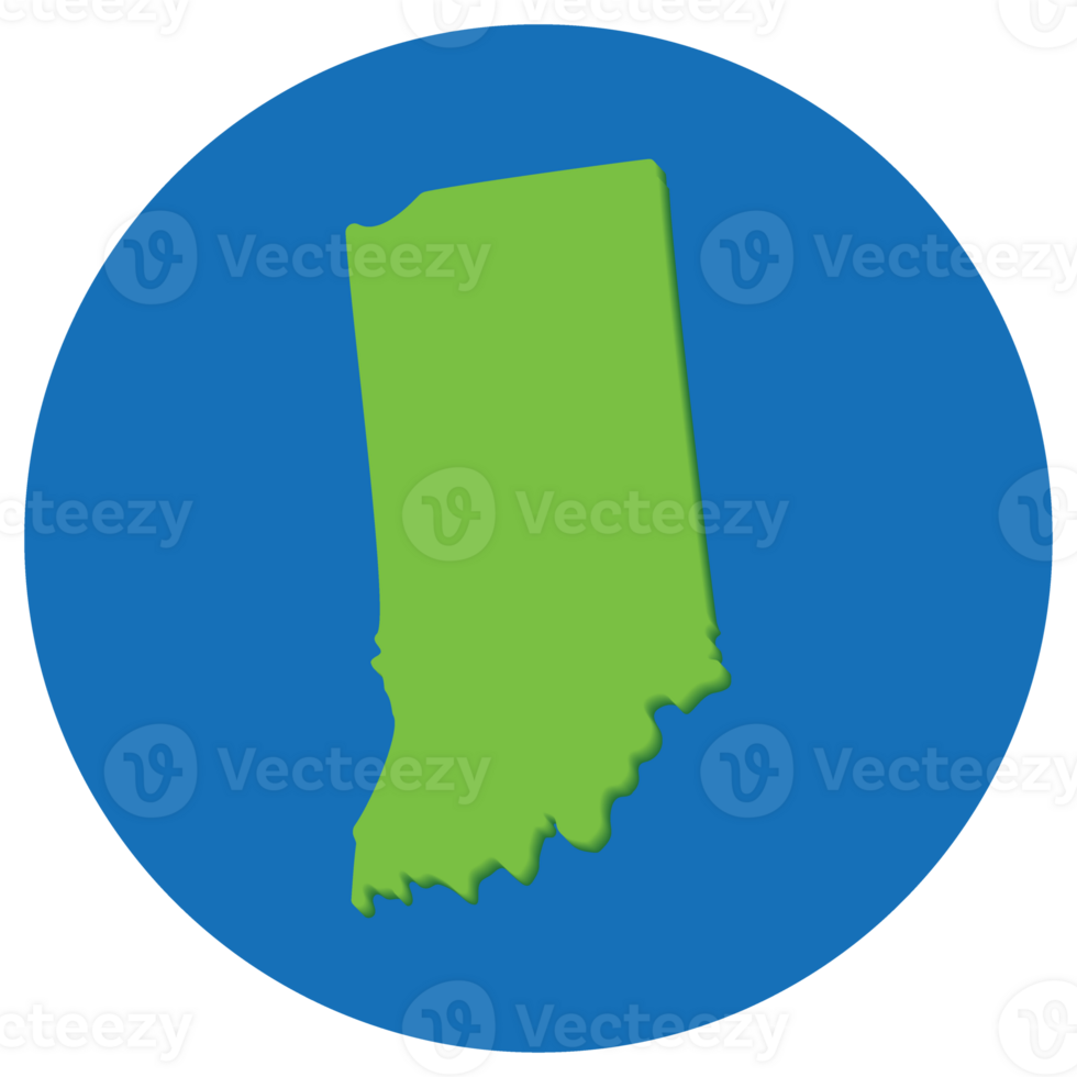 Indiana state map in globe shape green with blue circle color. Map of the U.S. state of Indiana. png