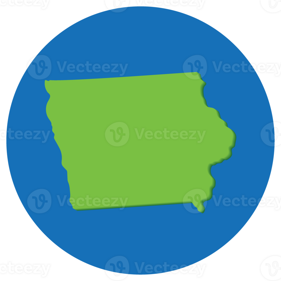 Iowa state map in globe shape green with blue circle color. Map of the U.S. state of Iowa. png