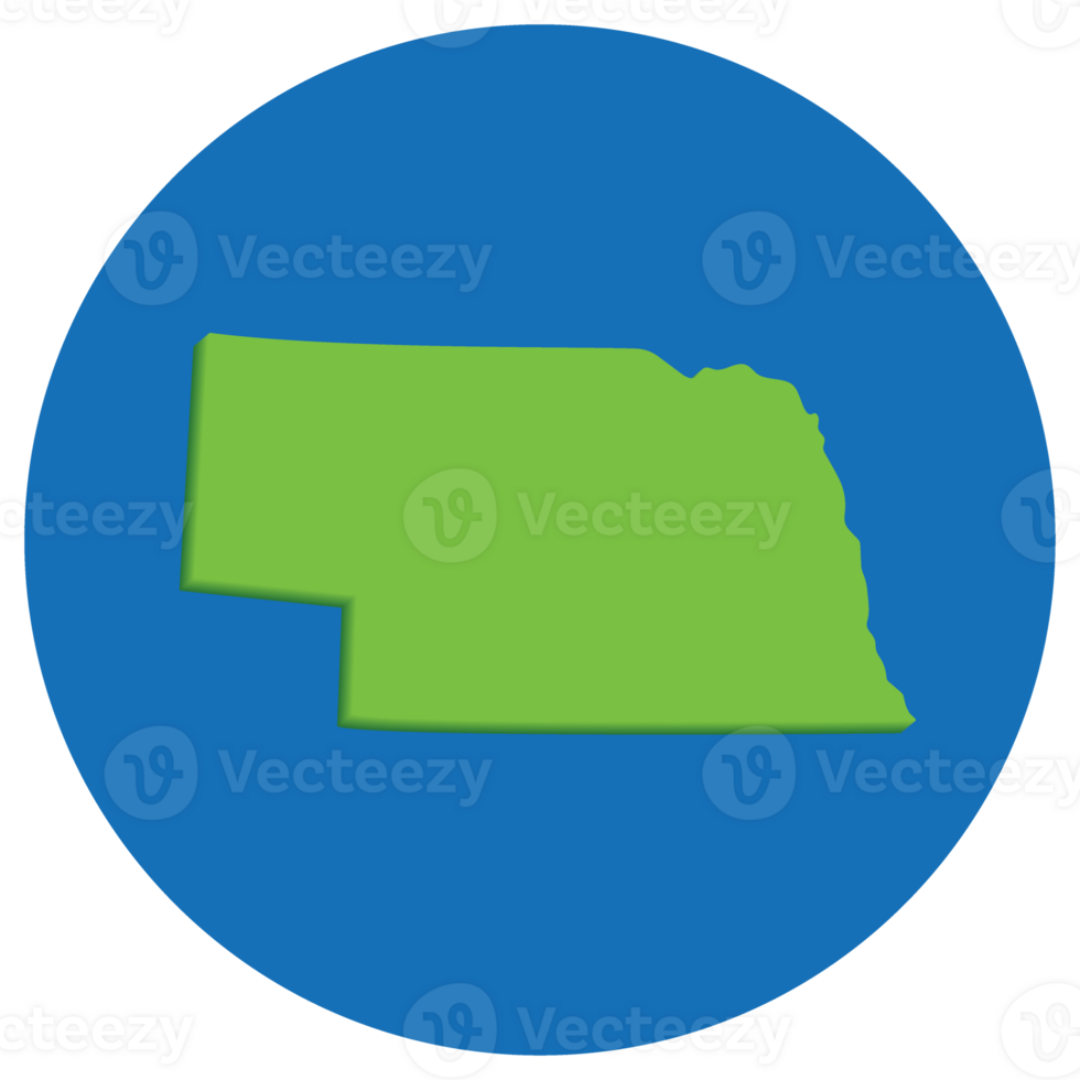 Nebraska state map in globe shape green with blue round circle color. Map of the U.S. state of Nebraska. png