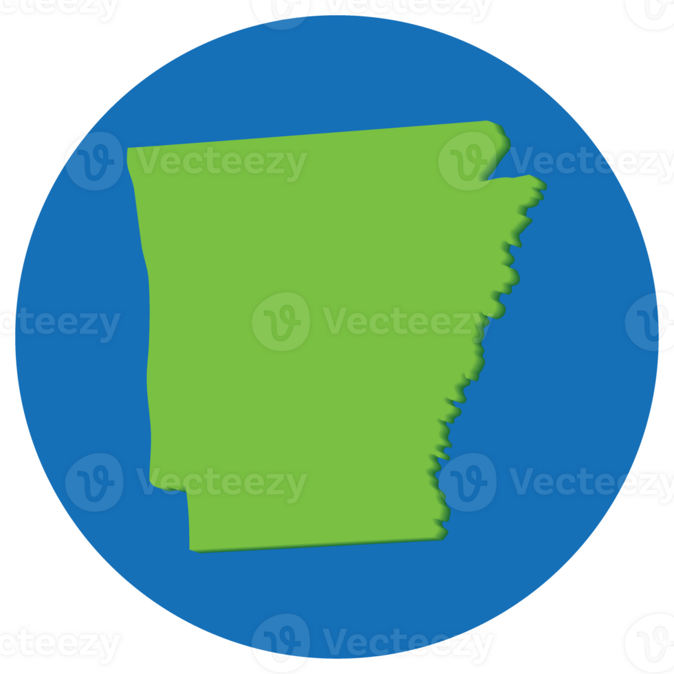 Arkansas state map in globe shape green with blue circle color. Map of the US state of Arkansas. png