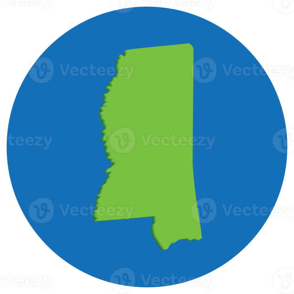 Mississippi state map in globe shape green with blue round circle color. Map of the U.S. state of Mississippi. png