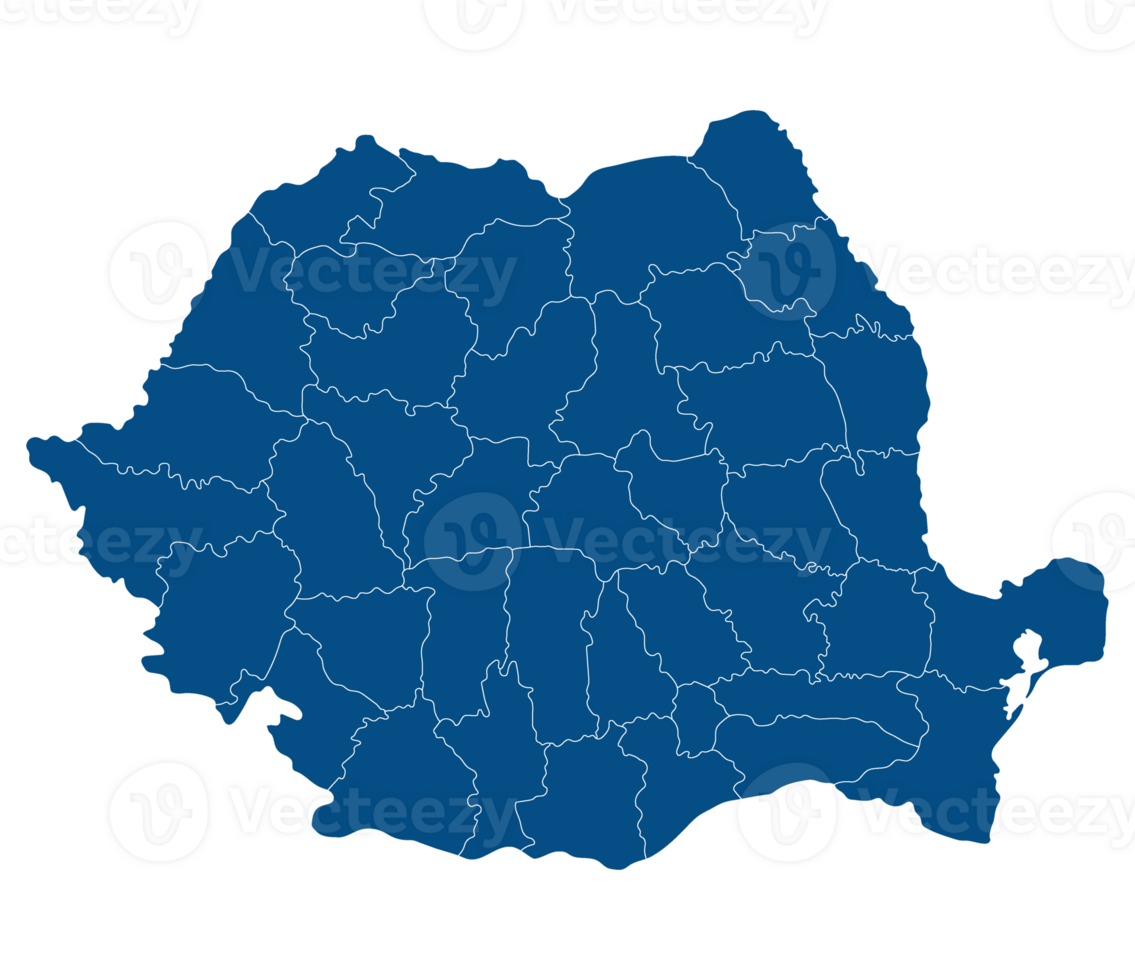 Romania map. Map of Romania in administrative provinces in blue color png