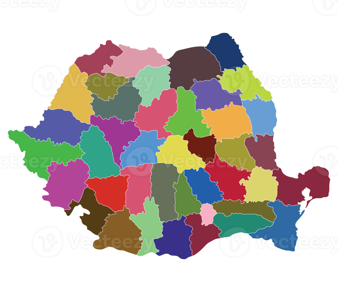 Romania map. Map of Romania in administrative provinces in multicolor png