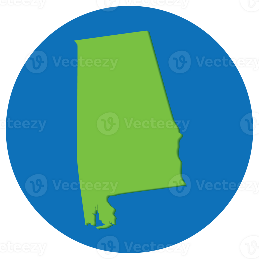 Map of Alabama in green with blue circle color. Alabama map globe shape. png