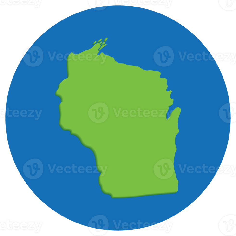 Wisconsin state map in globe shape green with blue round circle color. Map of the U.S. state of Wisconsin. png