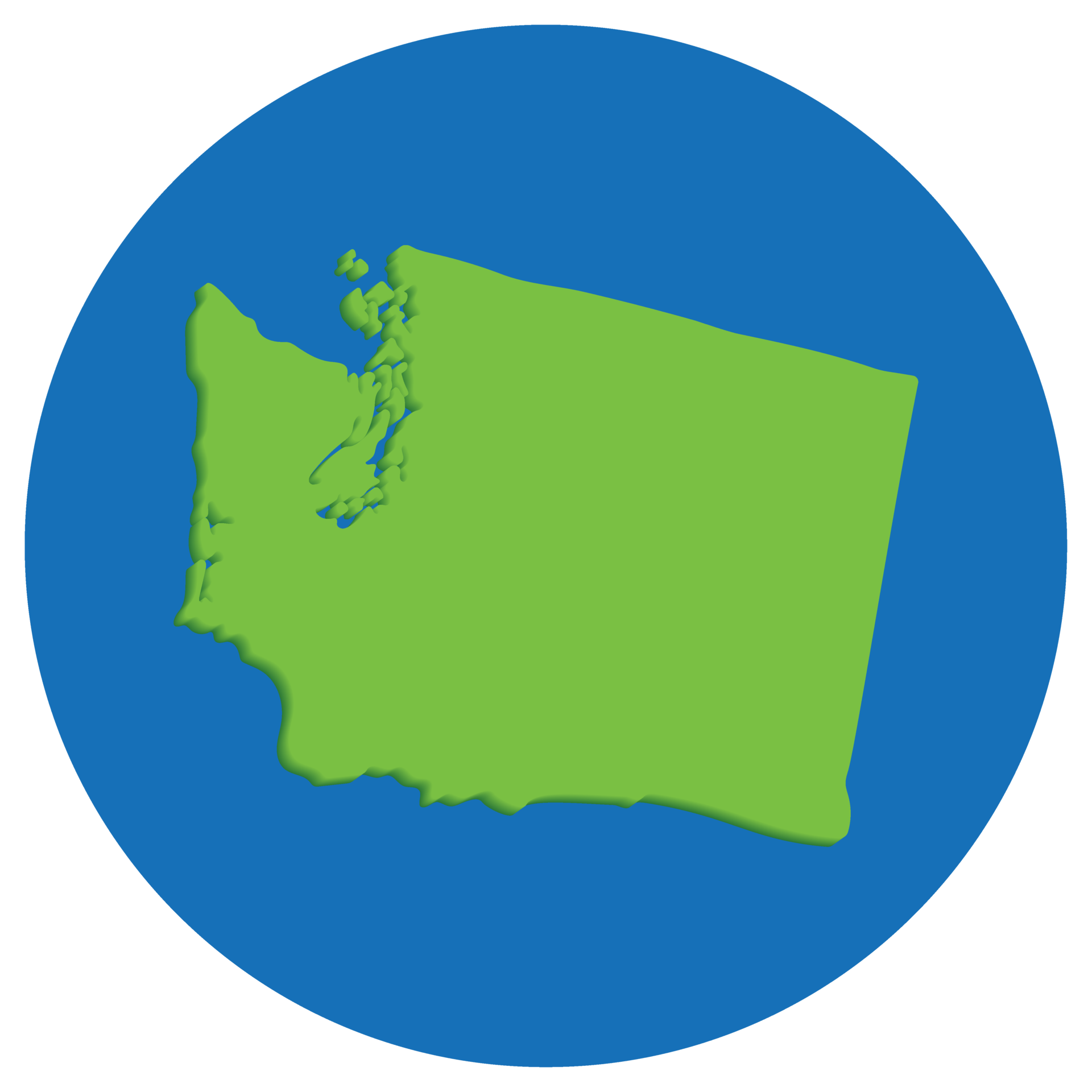 Washington state map in globe shape green with blue round circle color. Map of the U.S. state of