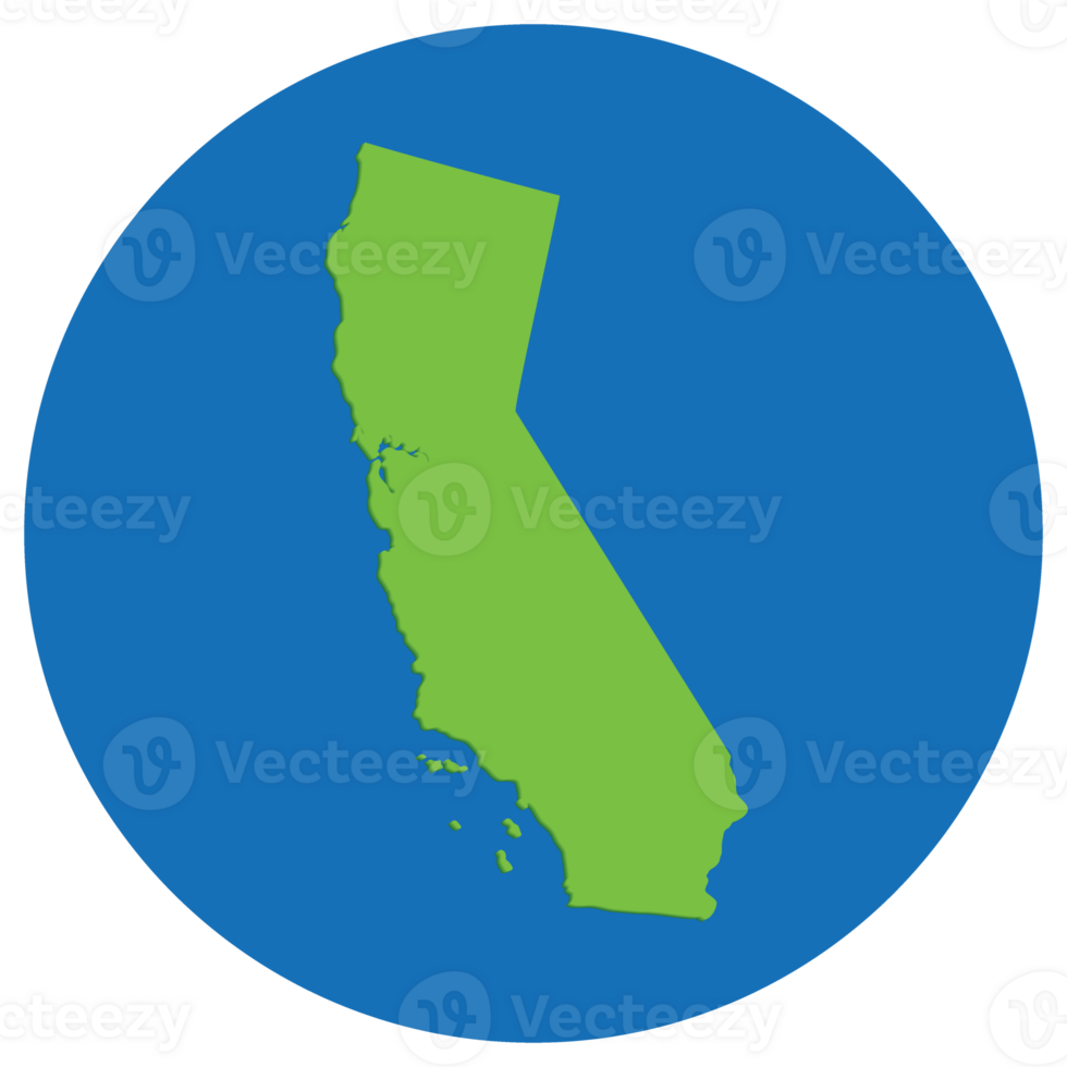 California state map in globe shape green with blue circle color. Map of the US state of California. png