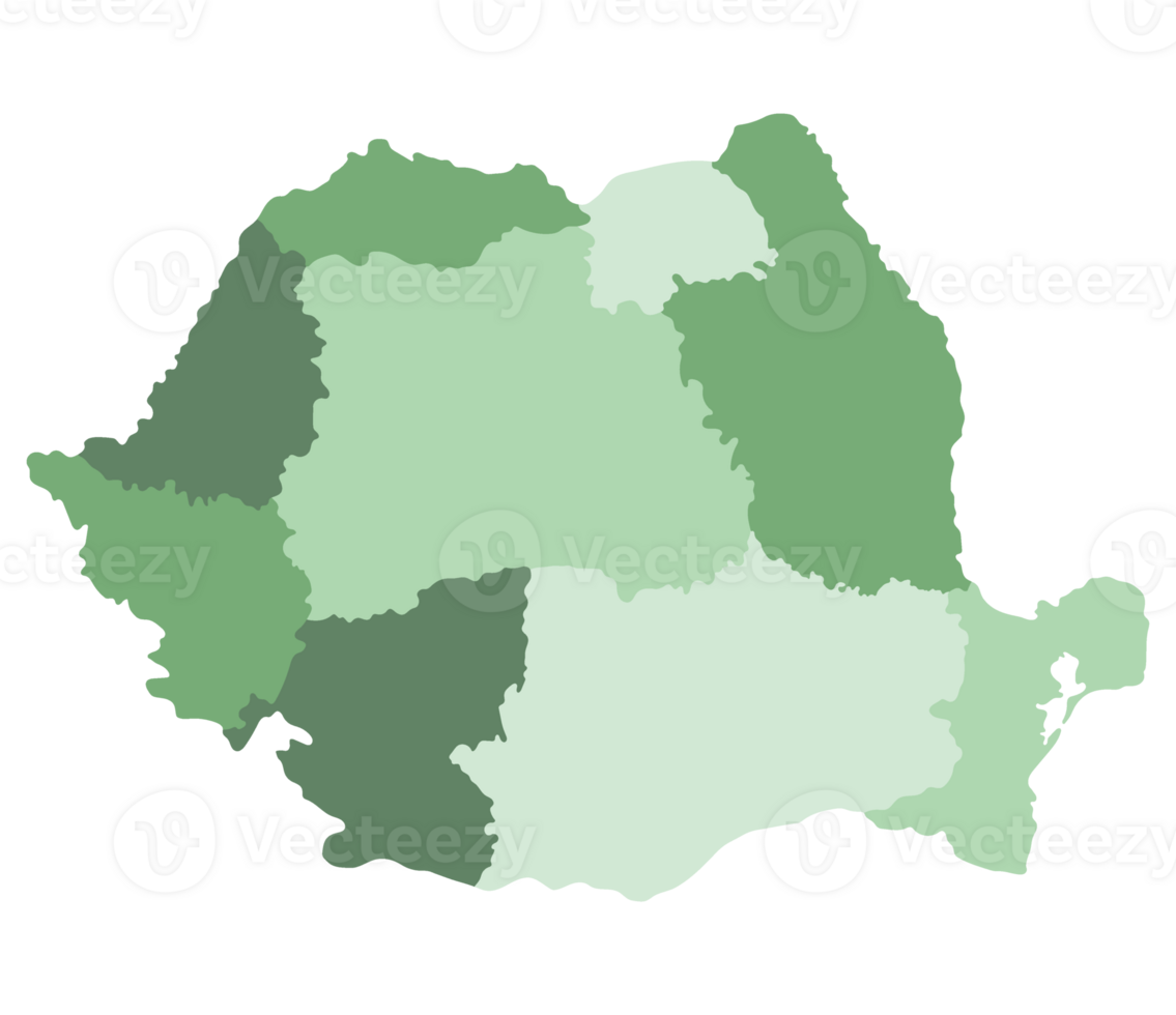 Romania map. Map of Romania in nine mains regions in multicolor png