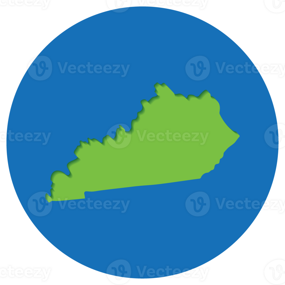 Kentucky state map in globe shape green with blue circle color. Map of the U.S. state of Kentucky. png
