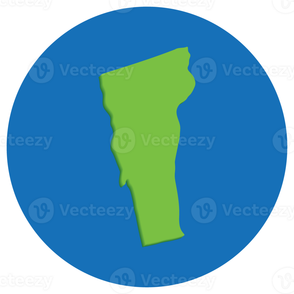 Vermont state map in globe shape green with blue round circle color. Map of the U.S. state of Vermont. png