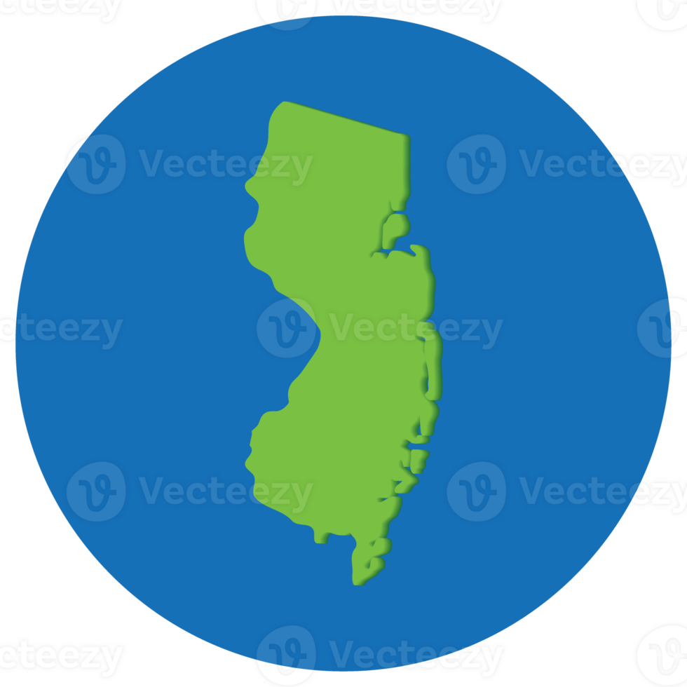 New Jersey state map in globe shape green with blue round circle color. Map of the U.S. state of New Jersey. png