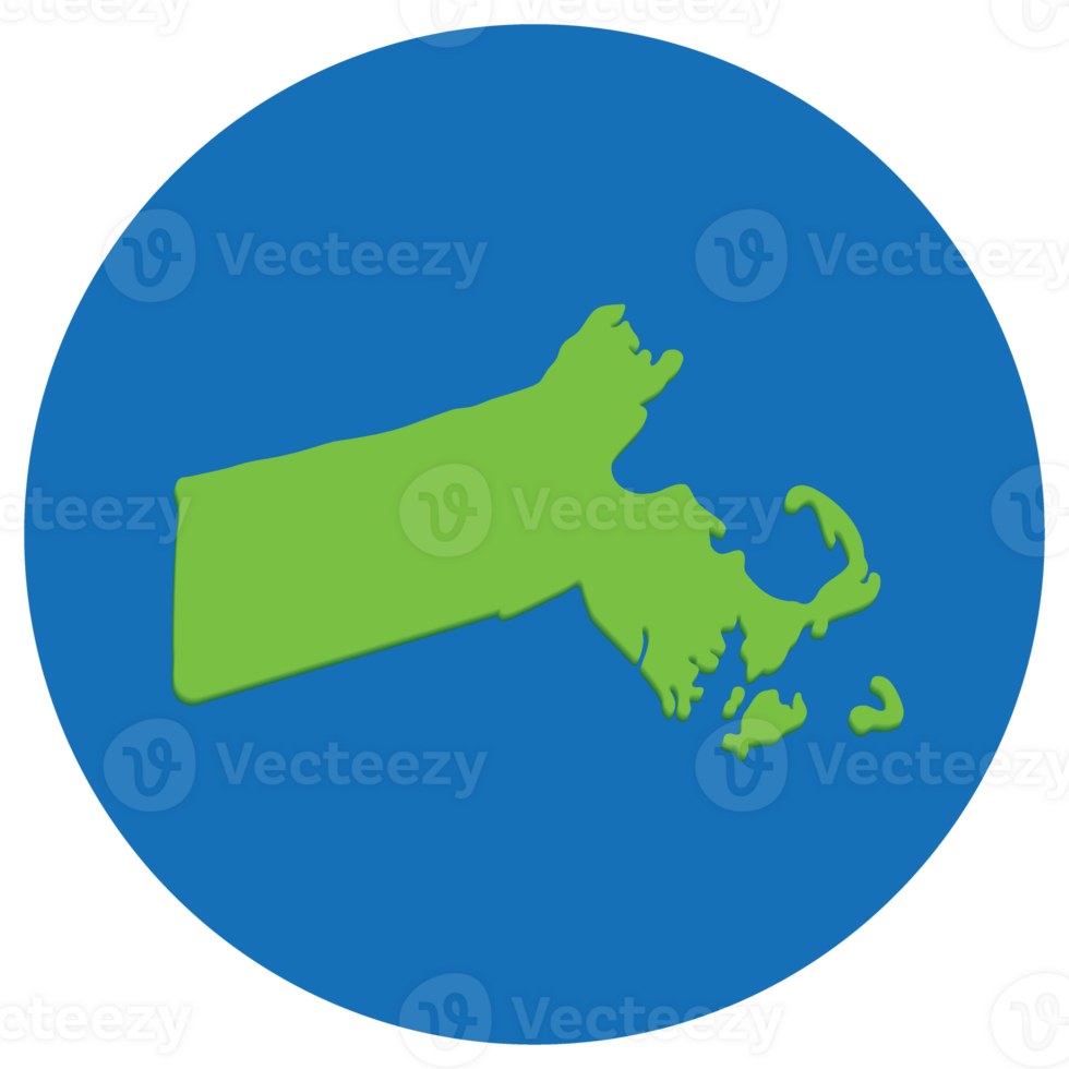 Massachusetts state map in globe shape green with blue round circle color. Map of the U.S. state of Massachusetts. png