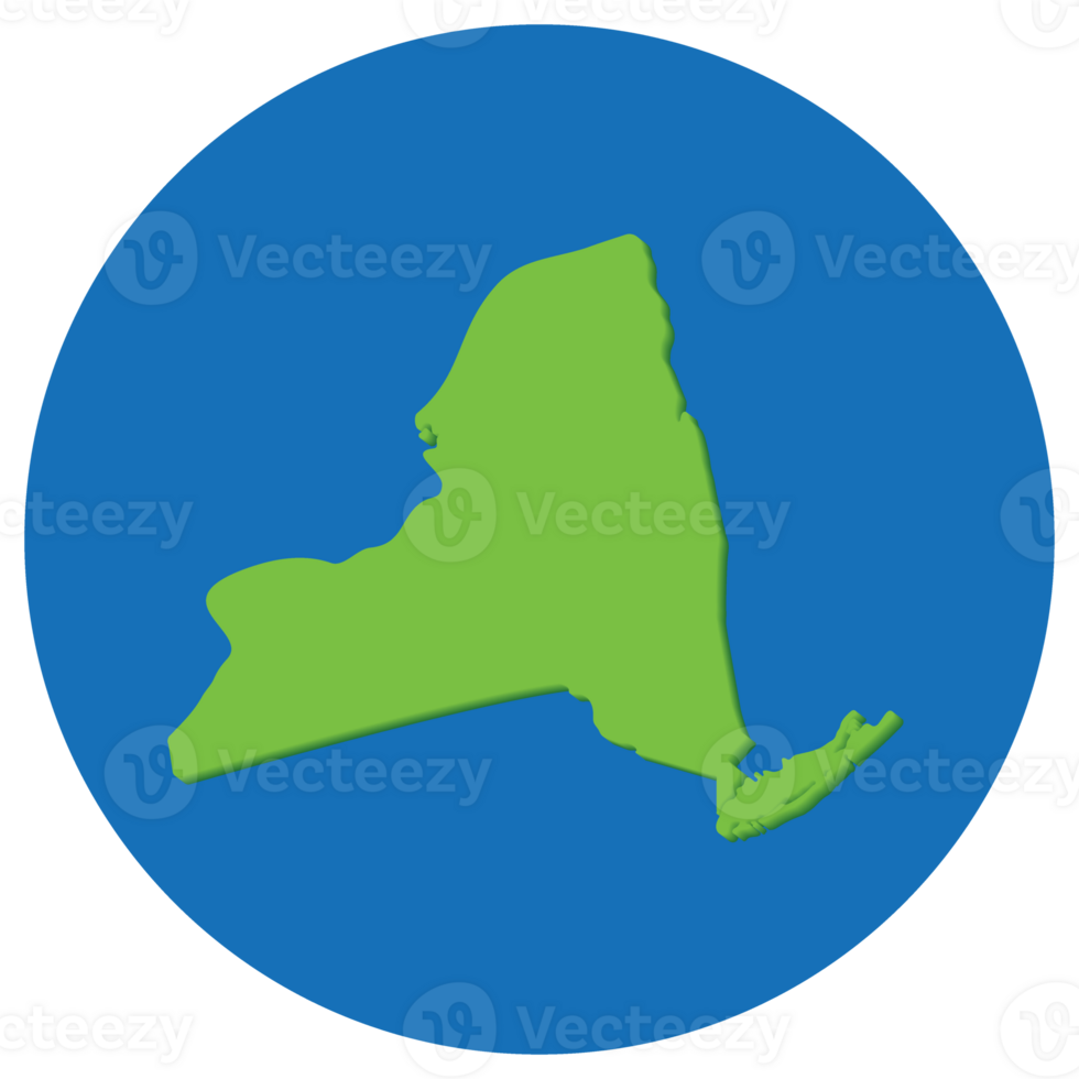 New York state map in globe shape green with blue round circle color. Map of the U.S. state of