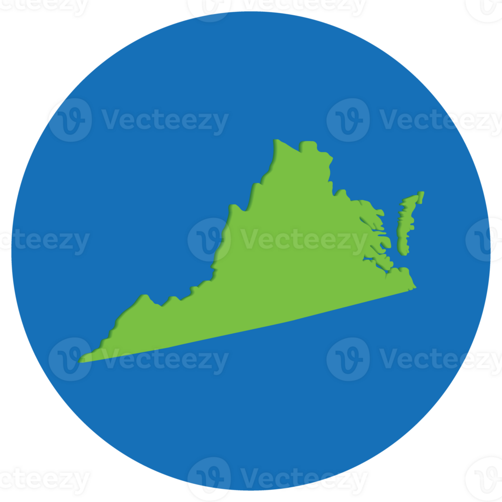 Virginia state map in globe shape green with blue round circle color. Map of the U.S. state of Virginia. png