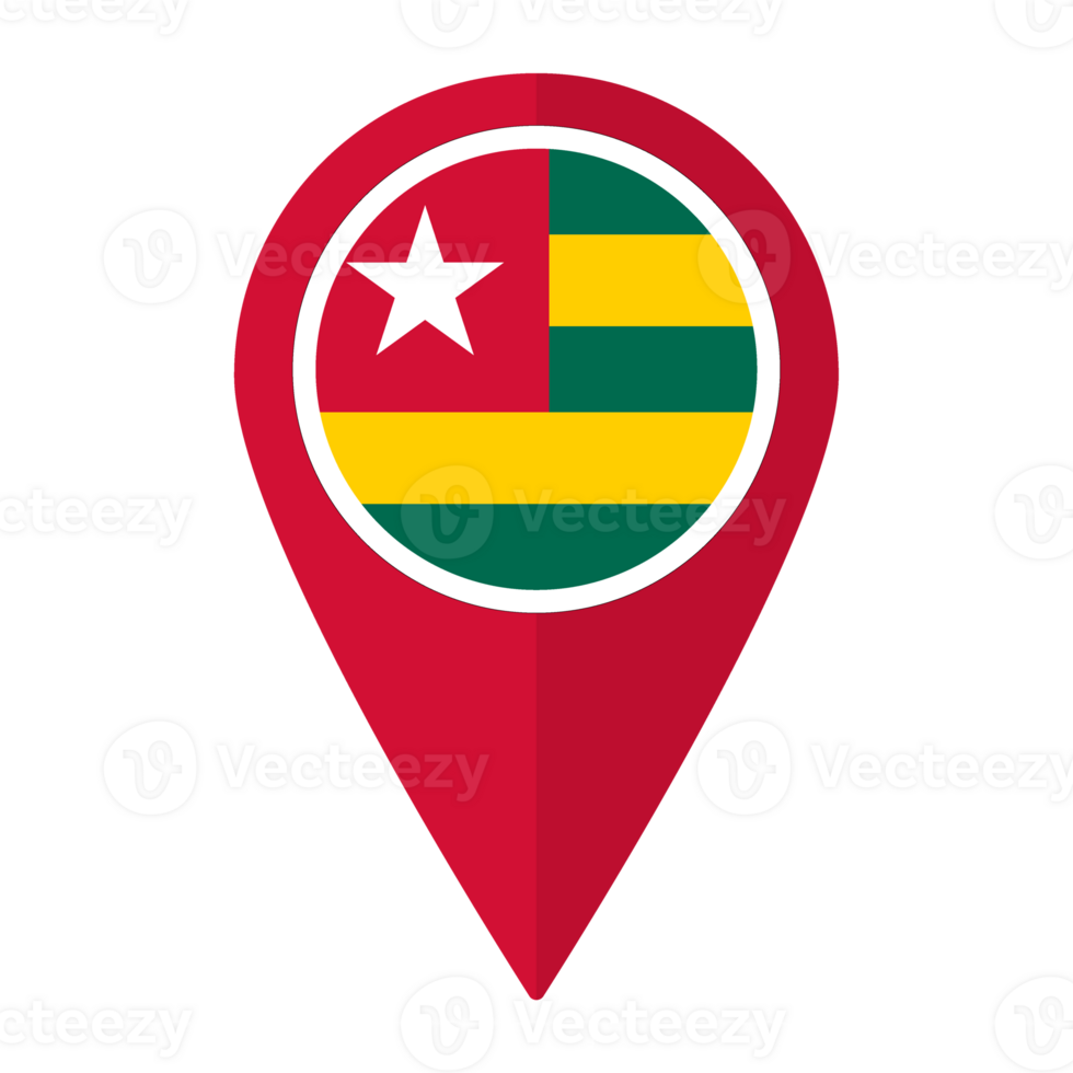 Togo flag on map pinpoint icon isolated. Flag of Togo png