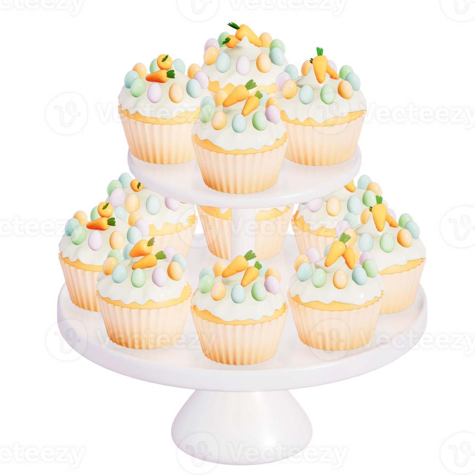 Easter holiday dessert Carrot cupcakes with stand on transparent background, 3D rendering png