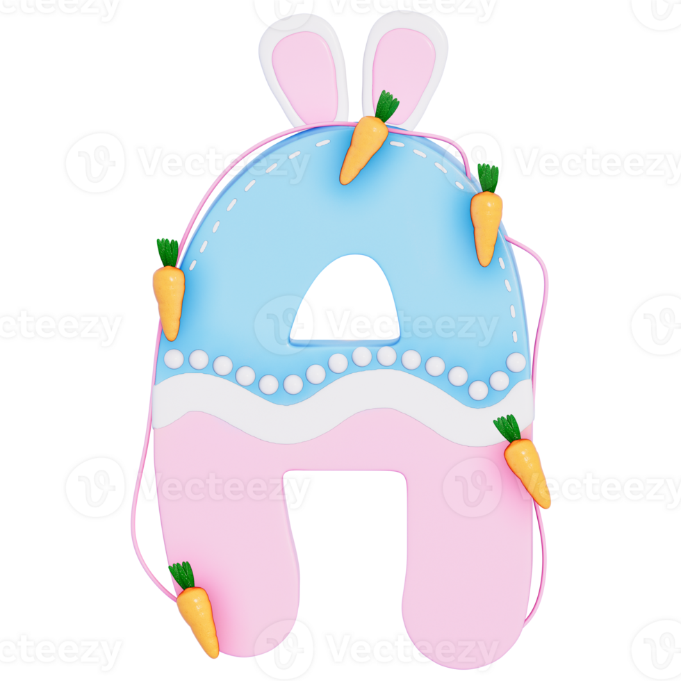 Easter bunny holiday alphabet A with cute decoration on transparent background , 3D Rendering png
