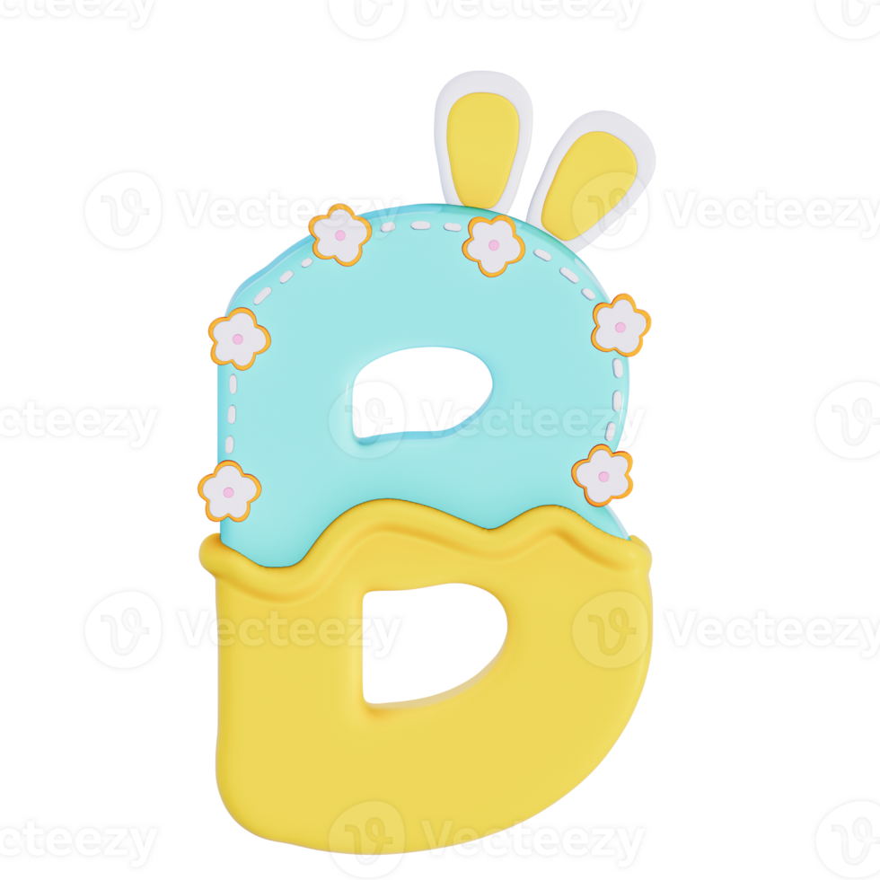 Easter bunny holiday alphabet B with cute decoration on transparent background , 3D Rendering png