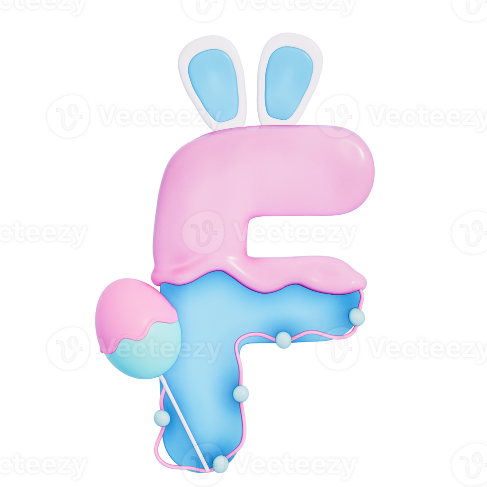 Easter bunny holiday alphabet F with cute decoration on transparent background , 3D Rendering png