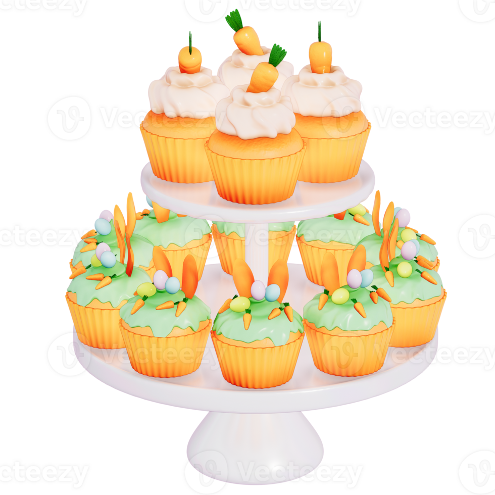 Easter holiday dessert Carrot cupcakes with stand on transparent background, 3D rendering png