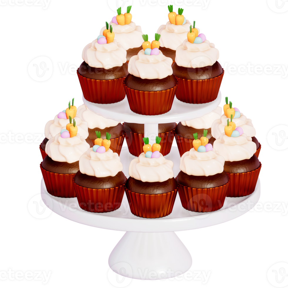 Easter holiday dessert Carrot cupcakes with stand on transparent background, 3D rendering png