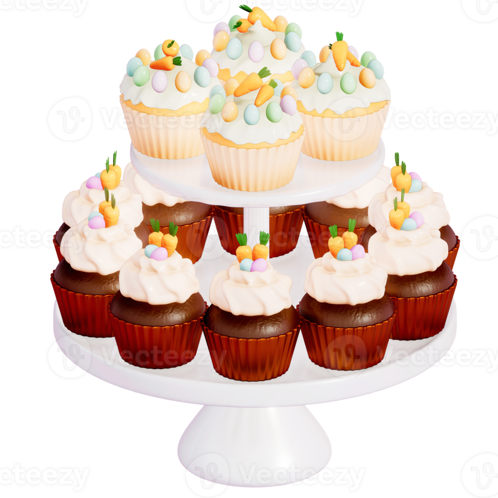 Easter holiday dessert Carrot cupcakes with stand on transparent background, 3D rendering png