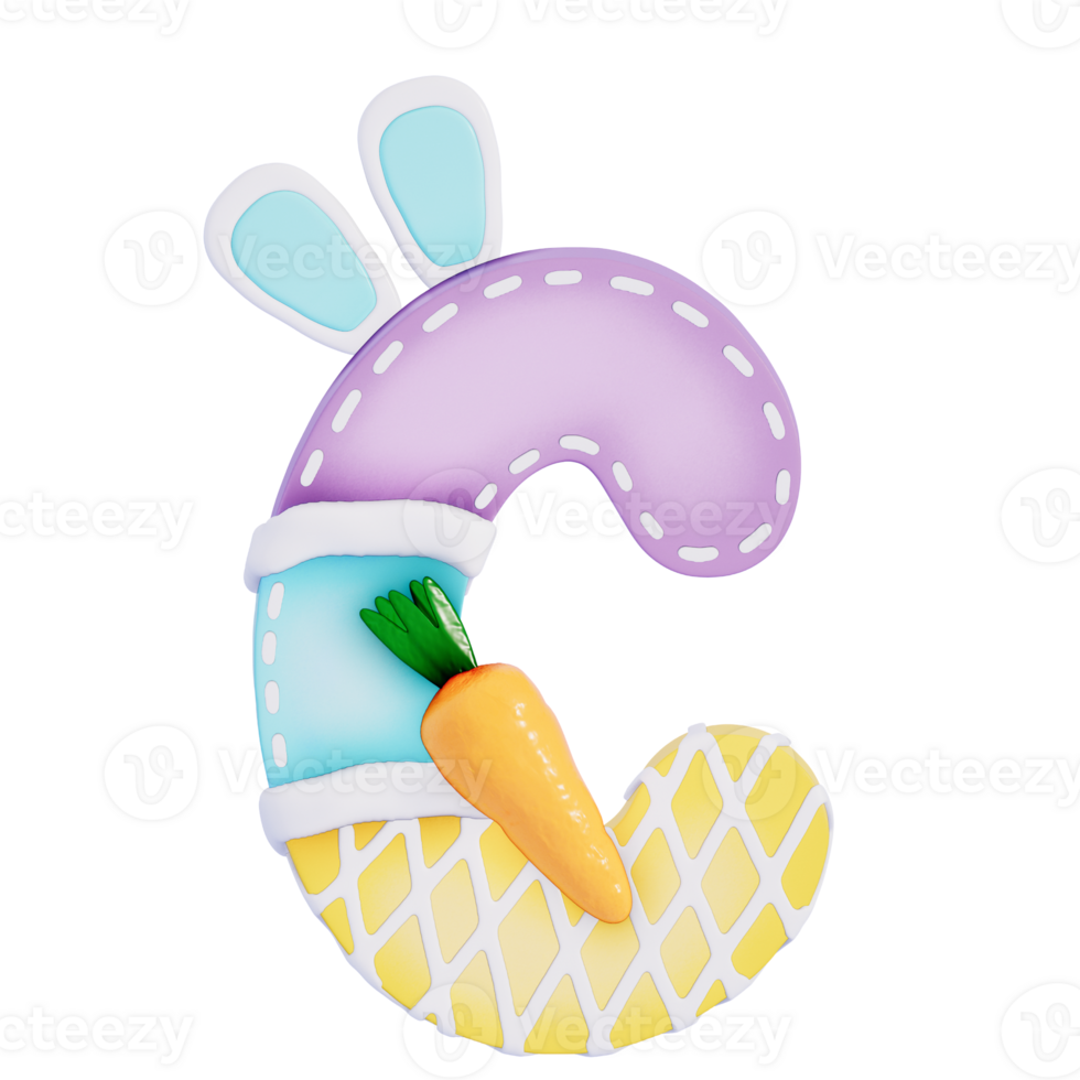 Easter bunny holiday alphabet C with cute decoration on transparent background , 3D Rendering png