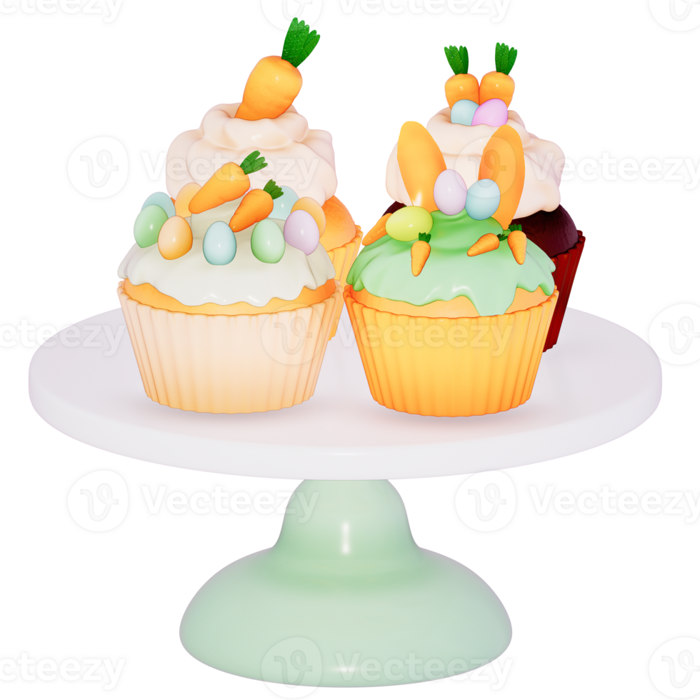 Easter holiday dessert Carrot cupcakes with stand on transparent background, 3D rendering png