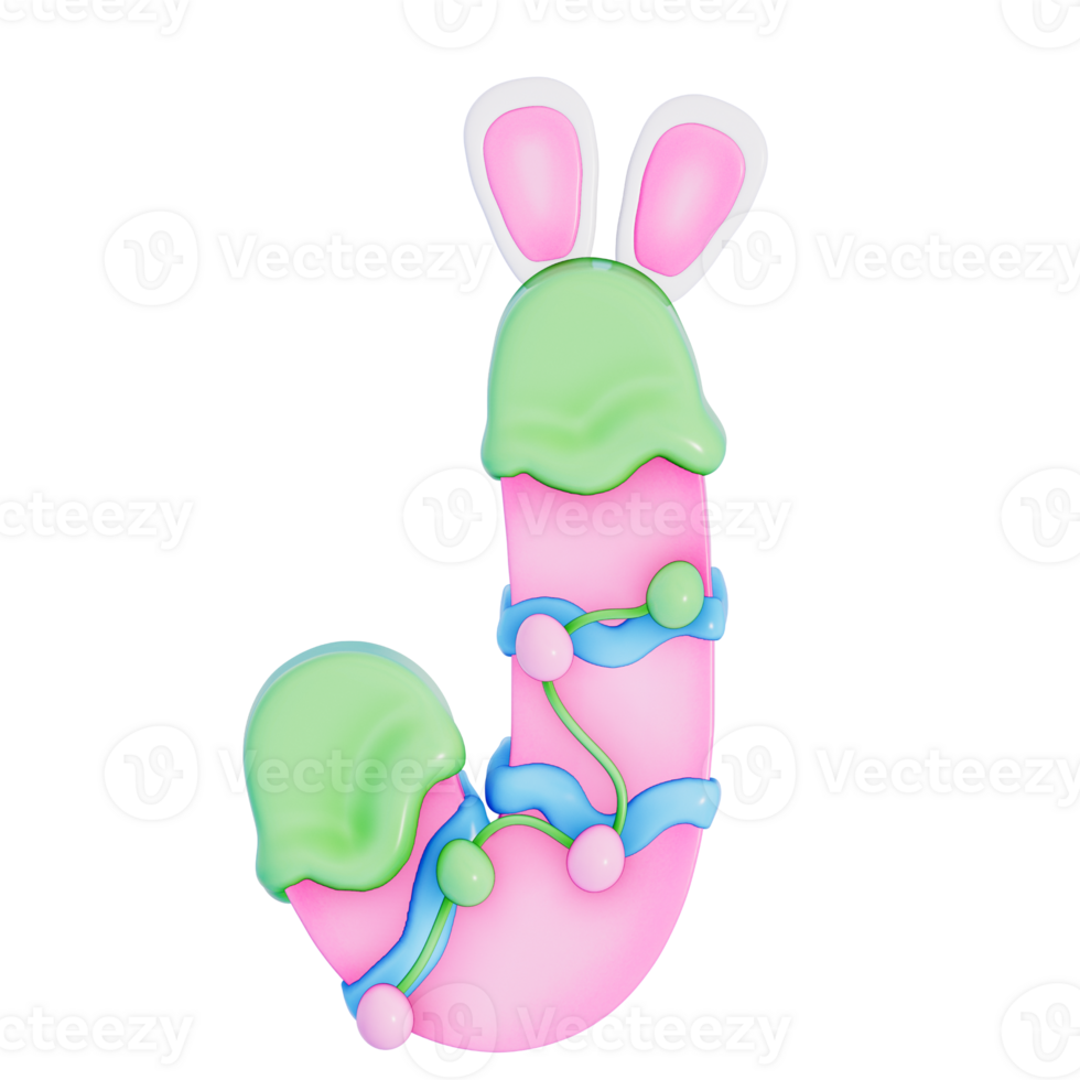 Easter bunny holiday alphabet J with cute decoration on transparent background , 3D Rendering png