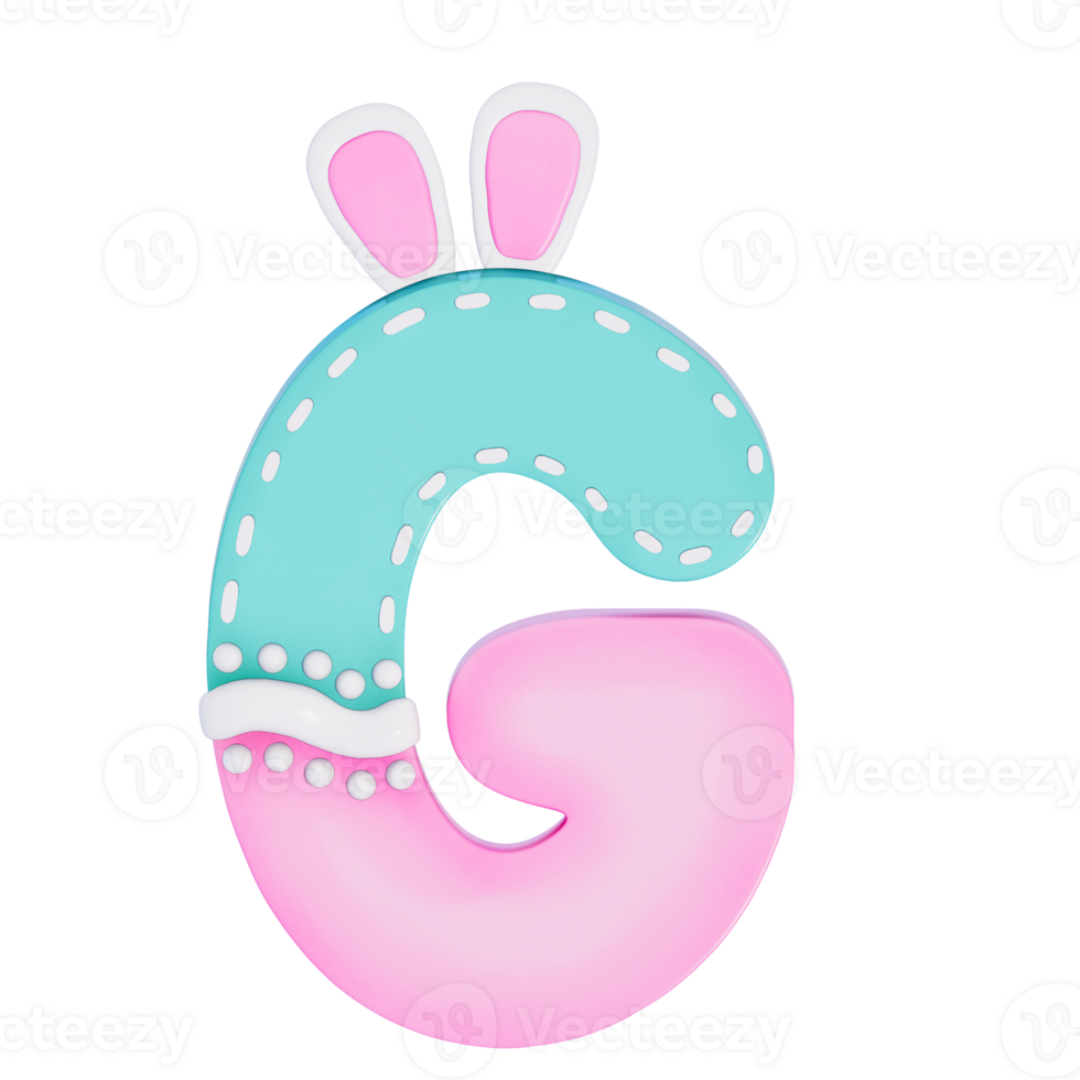 Easter bunny holiday alphabet G with cute decoration on transparent background , 3D Rendering png