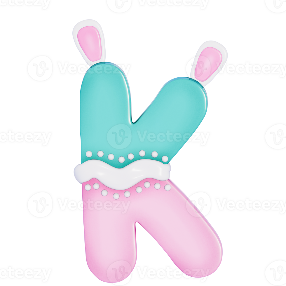 Easter bunny holiday alphabet K with cute decoration on transparent background , 3D Rendering png