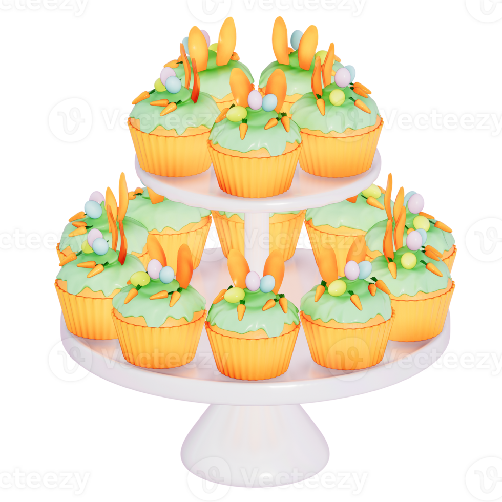 Easter holiday dessert Carrot cupcakes with stand on transparent background, 3D rendering png
