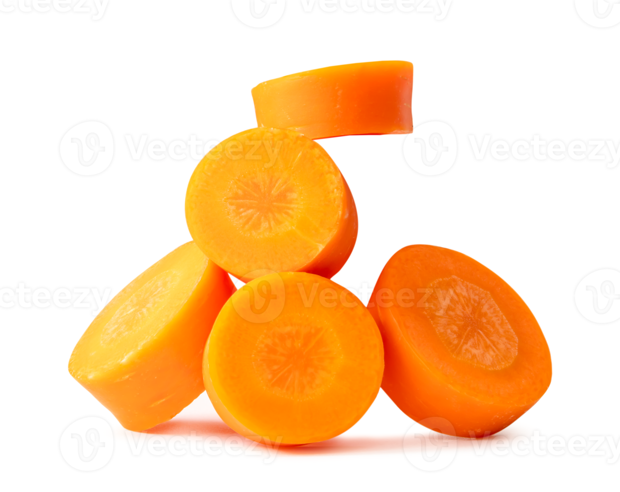 Front view of beautiful orange carrot slices in stack isolated with clipping path and shadow in png file format