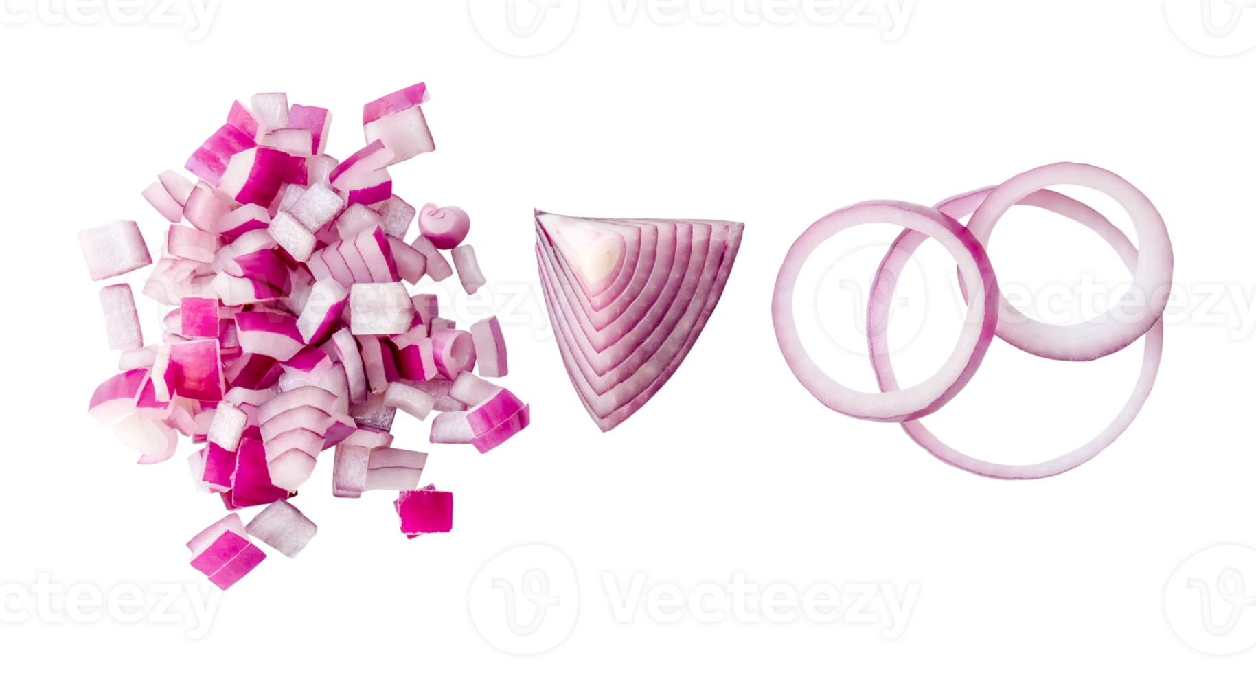 Top view of fresh red or purple onion ring slices  in set isolated in png file format