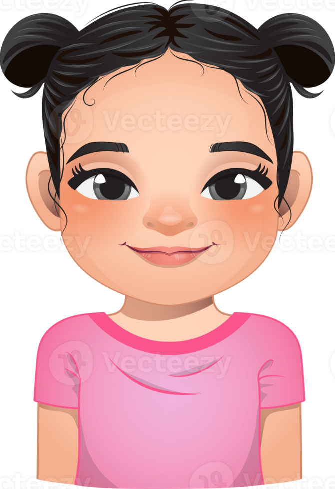 Little girl face, avatar, kid head with long curly hair and bun hairstyle cartoon PNG