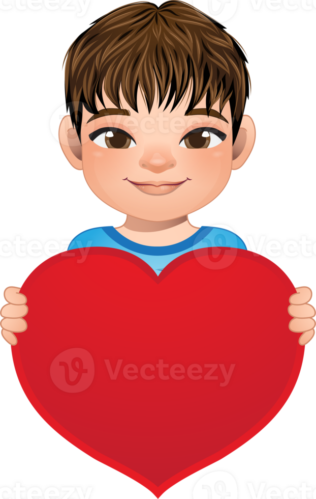 Valentine day with little boy with short hair hairstyle holding red heart cartoon PNG