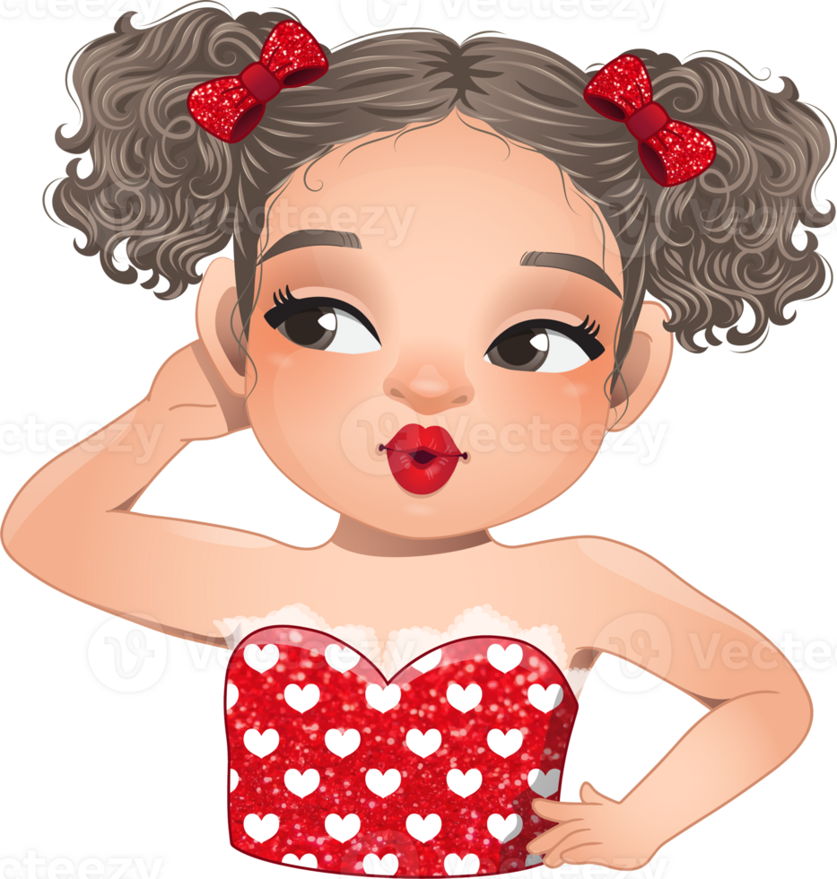 Cute girl rolling her eyes, brown and black curly hair hairstyle. Sexy red lip makeup cartoon character png