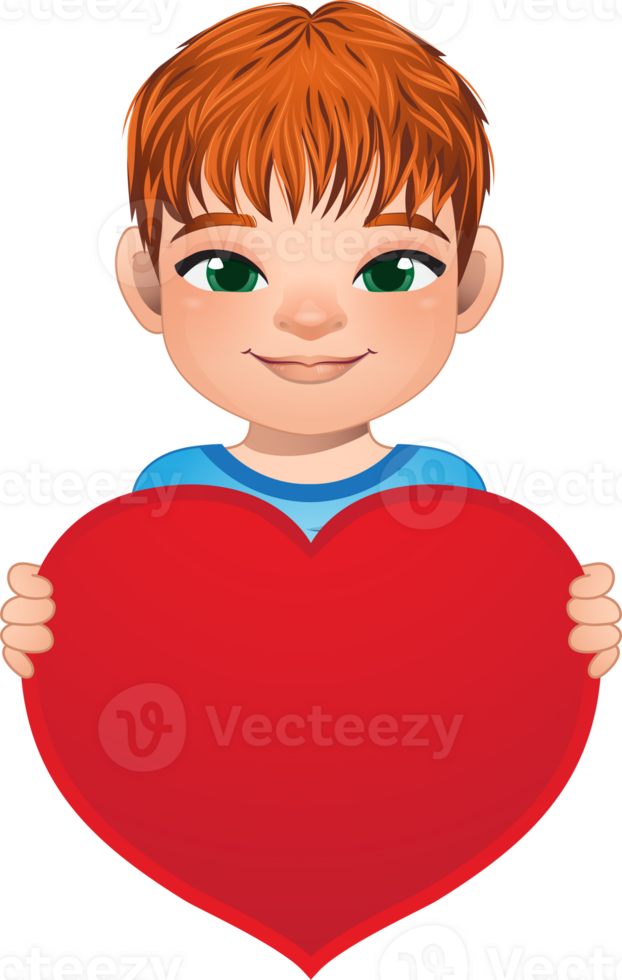 Valentine day with little boy with short hair hairstyle holding red heart cartoon PNG