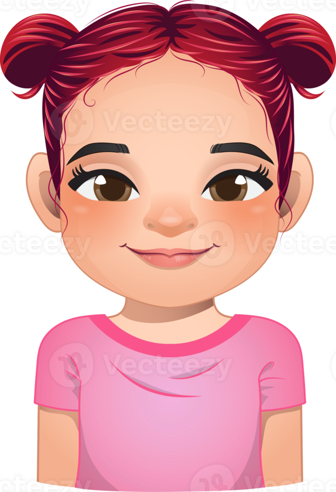 Little girl face, avatar, kid head with long curly hair and bun hairstyle cartoon PNG