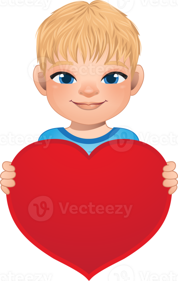 Valentine day with little boy with short hair hairstyle holding red heart cartoon PNG