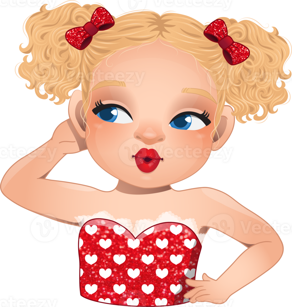 Cute girl rolling her eyes, brown and black curly hair hairstyle. Sexy red lip makeup cartoon character png