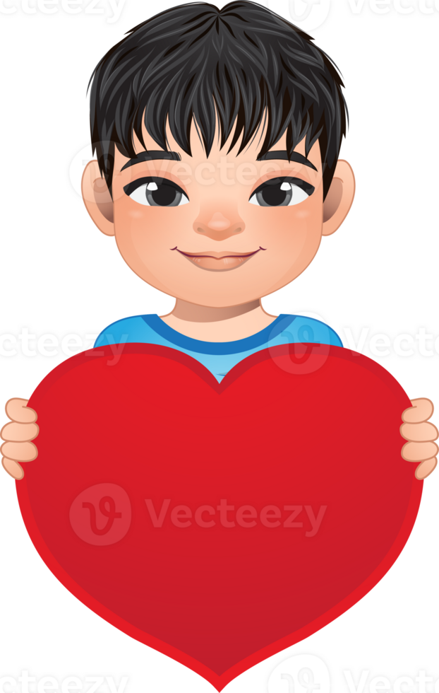 Valentijn dag met weinig jongen met kort haar- kapsel Holding rood hart tekenfilm PNG