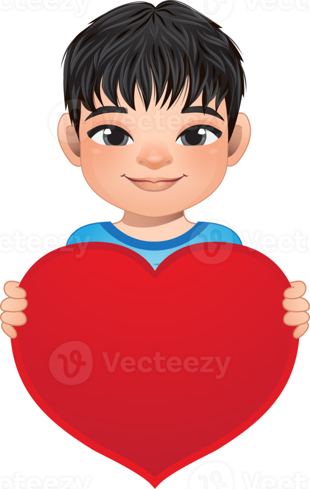 Valentine day with little boy with short hair hairstyle holding red heart cartoon PNG