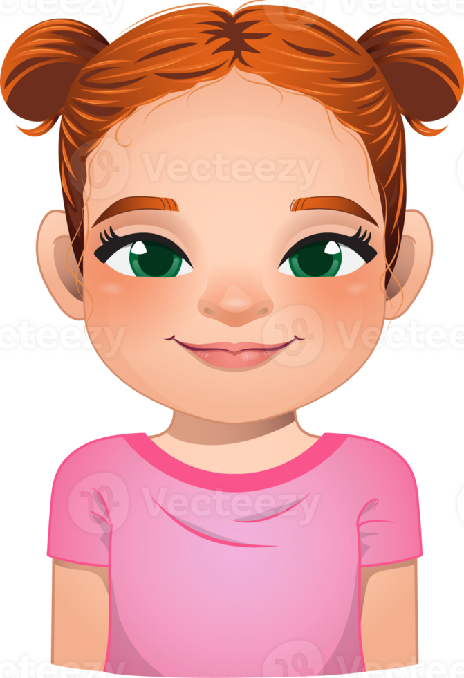 Little girl face, avatar, kid head with long curly hair and bun hairstyle cartoon PNG