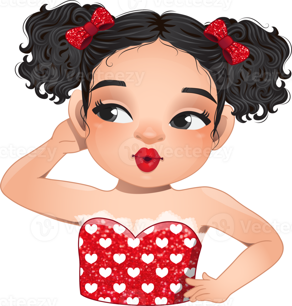 Cute girl rolling her eyes, brown and black curly hair hairstyle. Sexy red lip makeup cartoon character png